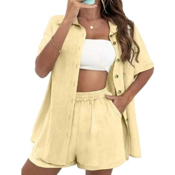 casual solid two piece set button xxl